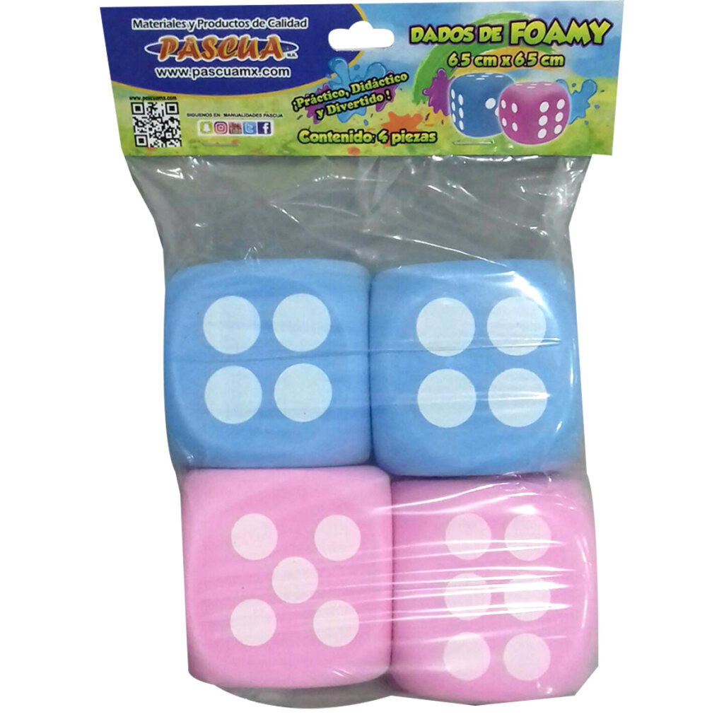 BOLSA CON 4 DADOS DE FOMI DE 6.5X6.5 CENTÍMETROS.