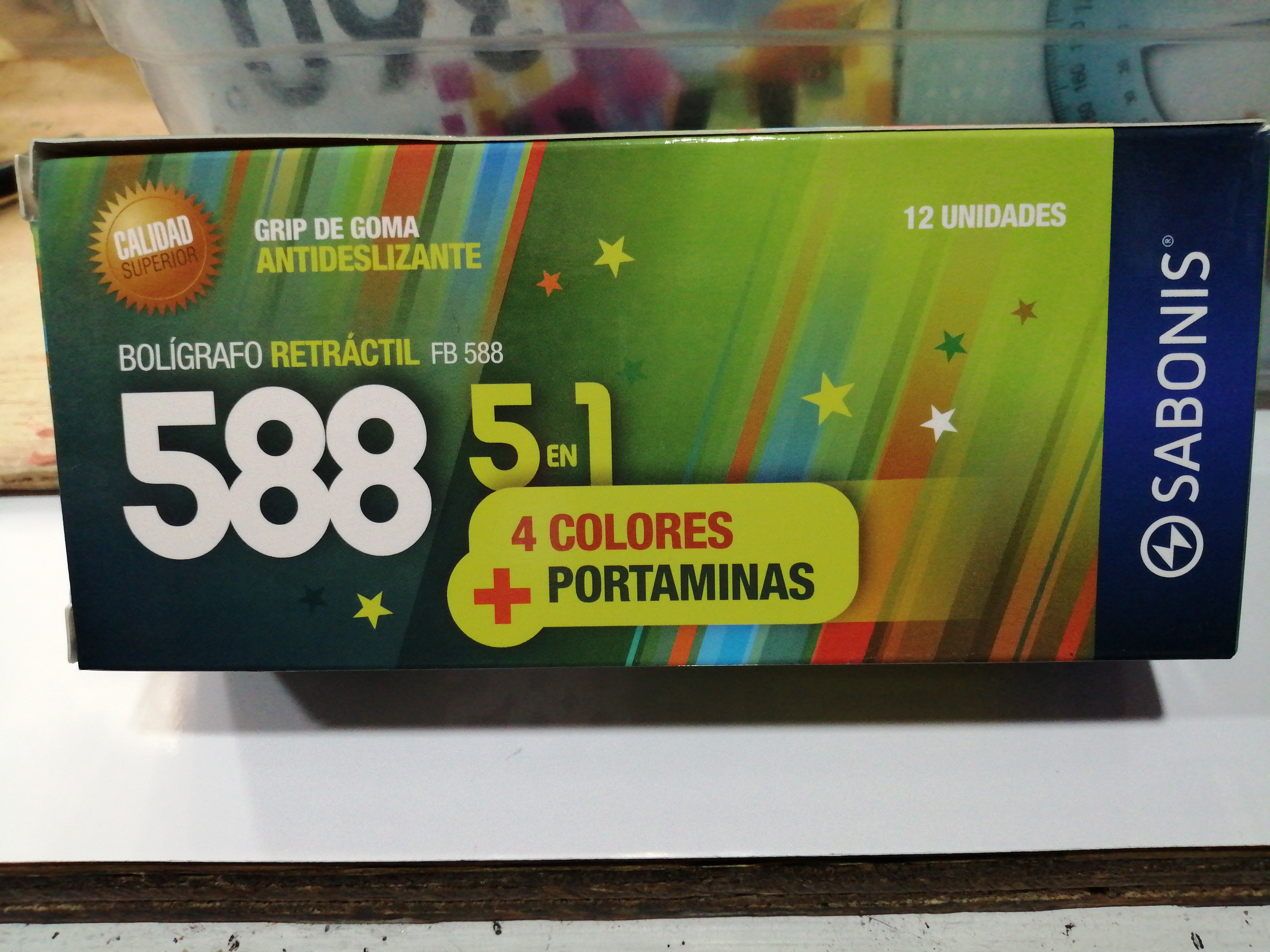 FB588 CAJA 12 LAPICERO 0.5 MM Y PLUMA 4 TINTAS N, A, R, V.